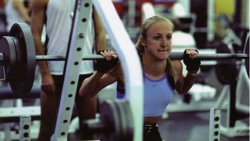 Paula Radcliffe holds the women's world record in the marathon.  She's squatting 155 lbs.